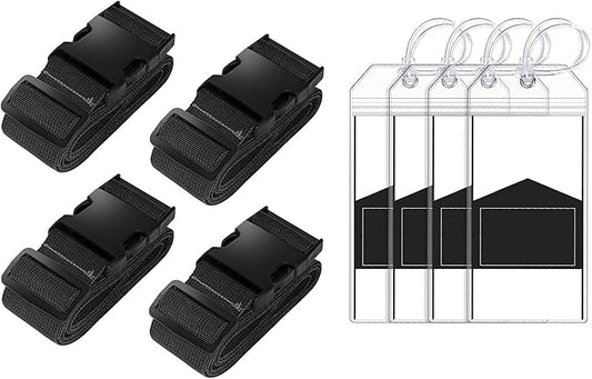 8 Pack Luggage Straps and Cruise Luggage Tags Set (4 Straps, 4 Wide Tags), Luggage Straps for Suitcases TSA Approved Suitcase Tags, Black