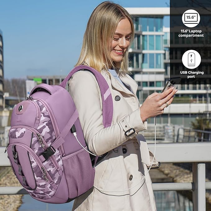 Swissdigital Design Laptop Backpack with USB Charging Port, Travel Backpack Fits 15.6 inches Computer, 31L College School Backpack for Men, Pink Camo | SD803-93