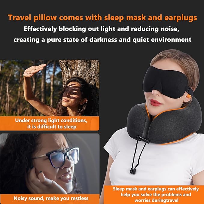 MLVOC Neck Pillow for Traveling, Upgraded 100% Pure Memory Foam Travel Neck Pillow for Airplane Flight Sleep, Breathable & Machine Washable Cover, Travel Kit with 3D Eye Mask, Earplugs & Bag, Black