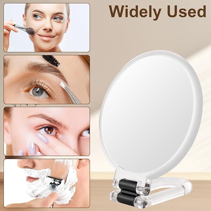 BOOMIBOO 1X/10X Magnifying Handheld Mirror Double Sided, Foldable Travel Makeup Mirror, Adjustable Rotation Pedestal Hand/Hanging/Desk Vanity Mirror-Clear