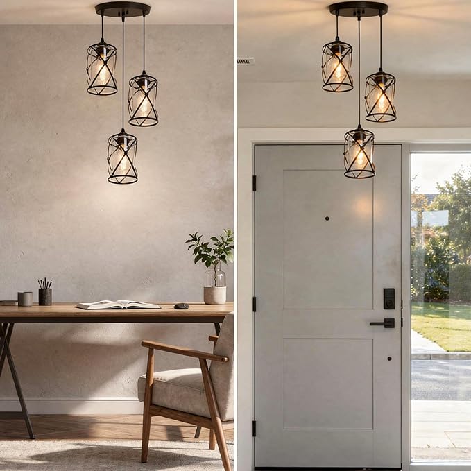 3 Light Pendant Lighting, Farmhouse Hanging Light Fixture for Kitchen Island & Dining Room, Industrial Vintage Ceiling Lamp with E26 Base, Adjustable Height, Matte Black with Glass Shades