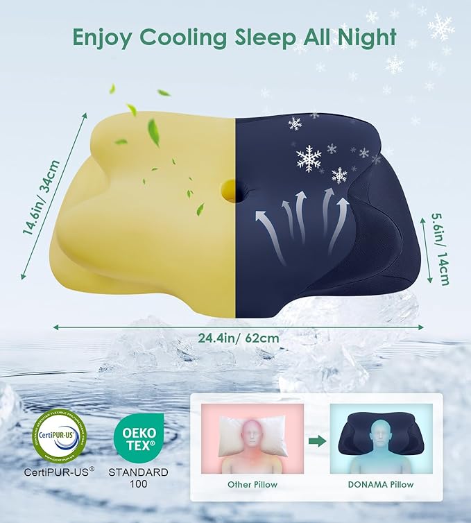 DONAMA Cervical Pillow for Sleeping, Contour Memory Foam Pillow for Neck and Shoulder Support, Ergonomic Neck Pillow for Side Back Stomach Sleepers, Bed Pillows with Cooling Pillowcase