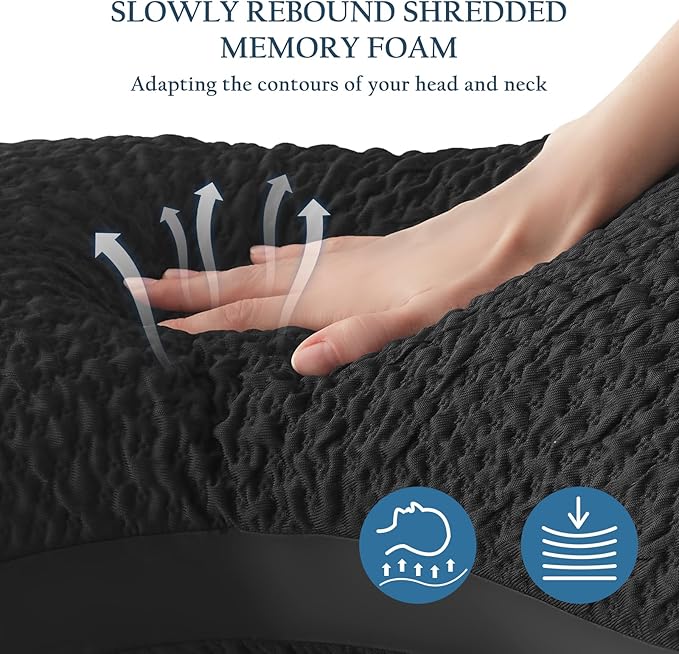 Side Sleeper Pillow for Adults, Adjustable Shredded Memory Foam Bed Pillows for Neck and Shoulder Pain, Curved Cooling Pillows for Hot Sleepers, Washable Cover & Extra Foam Bag, Black Standard Size