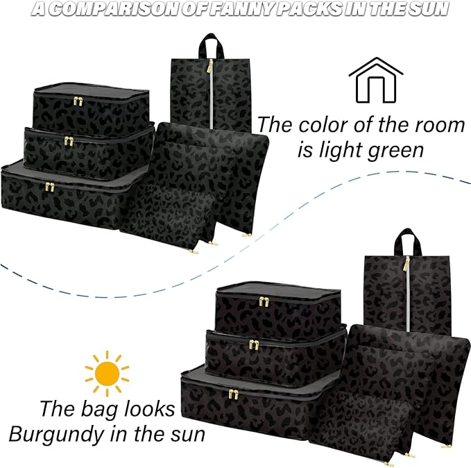 7 Set Packing Cubes Travel Luggage Organizers for Suitcase Travel Accessories with Shoe Bag for Women Girls Aesthetic Cute-Black Leopard Cheetah Pattern