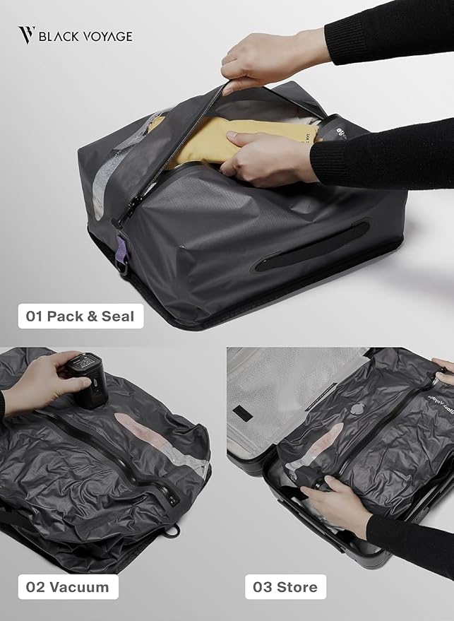 Black Voyage Reusable Vacuum Compression Travel Bag for Carry-On Suitcase and Backpack, Recycled IP67 Waterproof Space Saver Vacpack (1-Pack, 18L - No Pump)