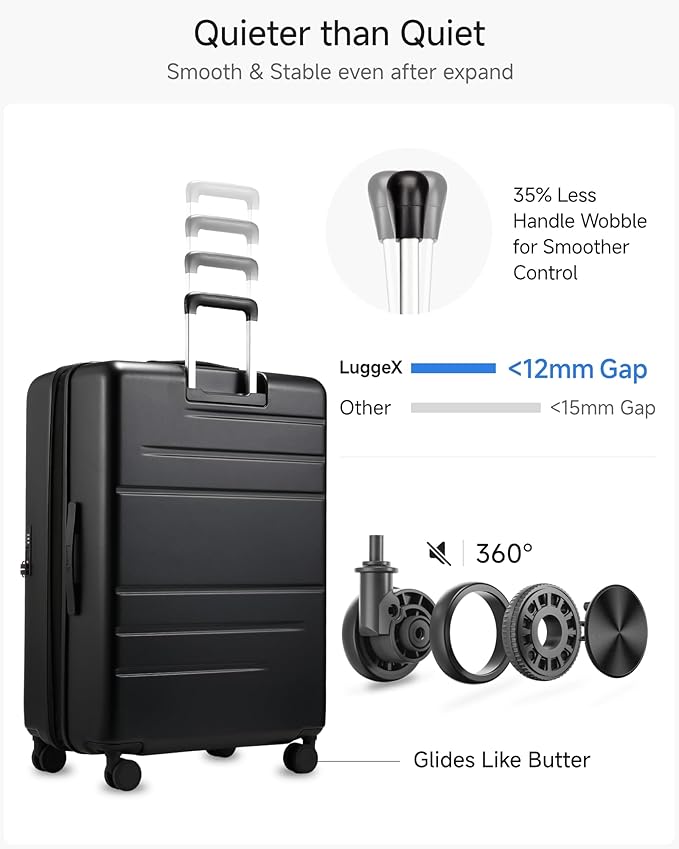 LUGGEX Checked Suitcase with Spinner Wheels, FLO5 Top Opening Expandable Polycarbonate Hard Shell Suitcase with TSA Approved Lock (FX-Core, Black, 28 Inch)