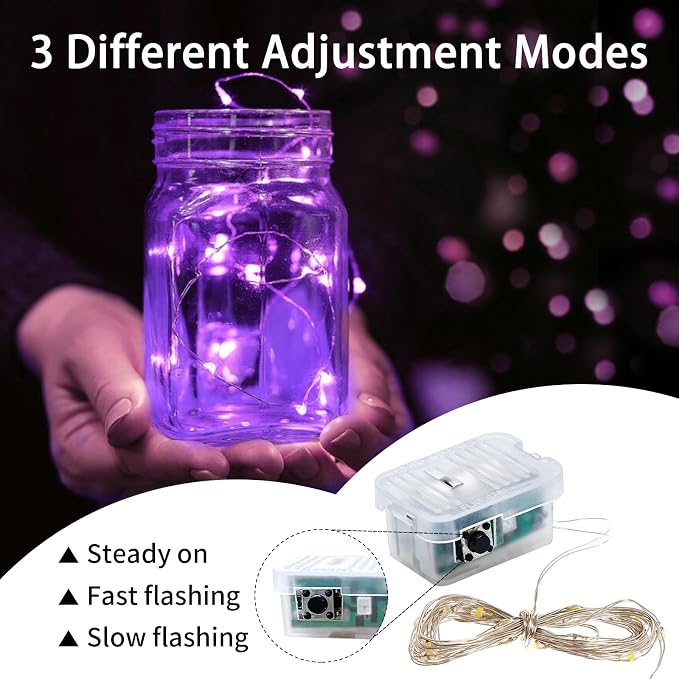 100 Pack Purple Fairy Lights 7Ft 20 LED Twinkle String Lights 3 Modes Battery Operated Waterproof Firefly Starry for Mason Jar Wedding Halloween Christmas Valentines Day Party Table Centerpieces