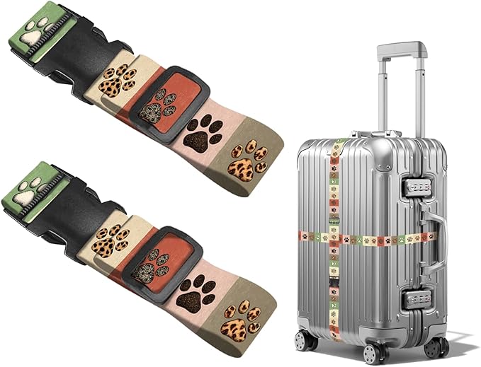 Nuxovilar Luggage Straps of 2 Set Colorful Paw Prints Pattern, 1.96x90.5 inches - Luggage Straps for Suitcases, Ideal for Pet Lovers, Travel, Daily Use