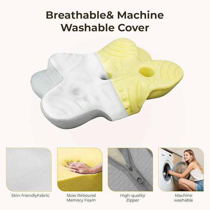 Cervical Pillow for Neck and Shoulder, Ergonomic Memory Foam Pillows for Sleeping, Dual Ear Relief Zone Contour Pillow,Support Pillow for Side Back Stomach Sleepers(White)