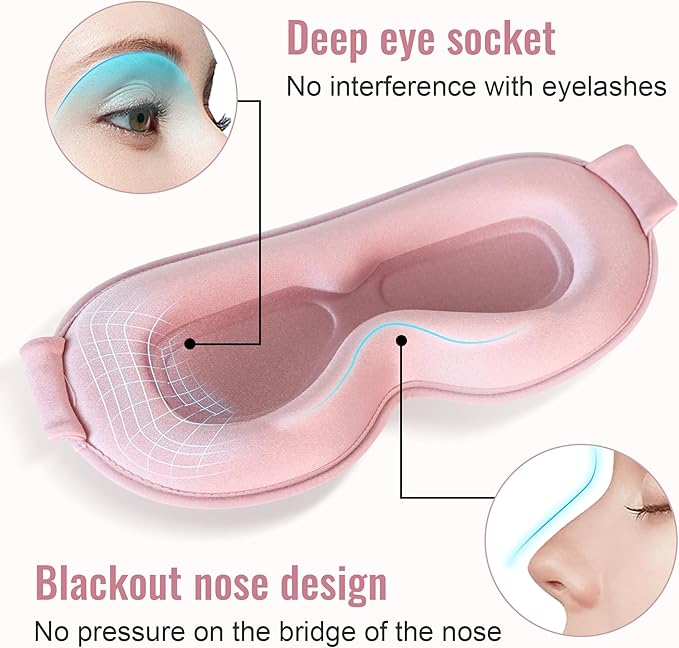 Sleep Mask,Upgraded 3D Deep Contoured Eye Mask for Sleeping,No Pressure Eye Covers 99% Block Out Light Eye Mask with Adjustable Elastic Strap for Sleeping, Yoga, Traveling (1pc,Pink)
