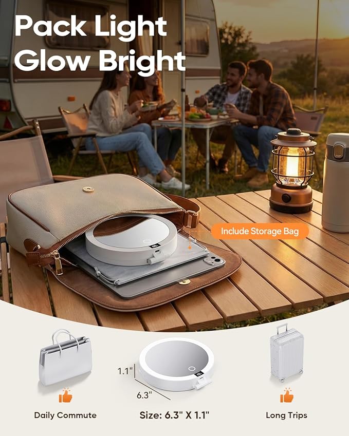 Travel Makeup Mirror with Lights (Gen 3) - 20X/1X Dual Sided Magnifying Mirror with Digital Power Display - Rechargeable, 3 Color Dimmable, CRI 95+ - Portable Folding Design