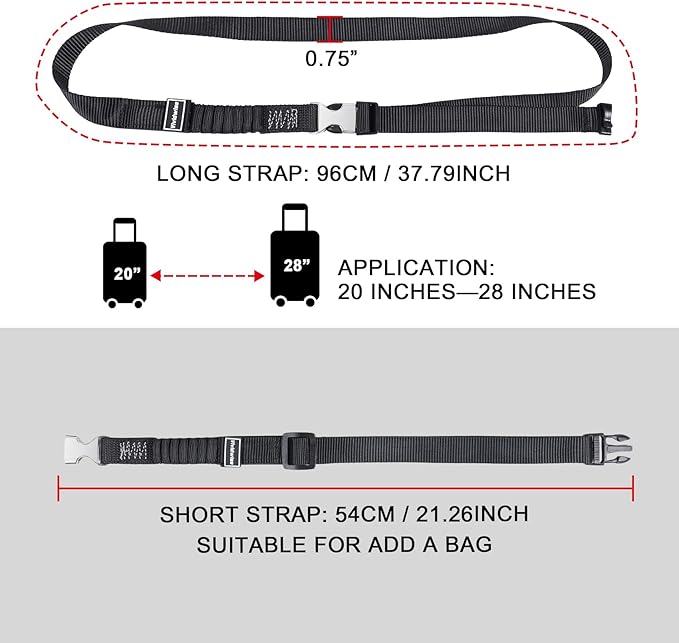 Luggage Straps, Stretchable Luggage Connector Straps for Suitcases, Metal Buckle Add A Bag Adjustable Attachment Accessories Belts (Black-Metal Buckle, 0.75" W)