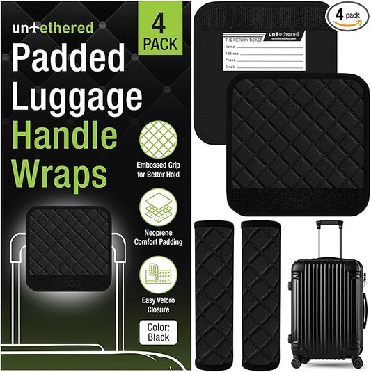 Untethered Luggage Handle Wraps (4-Pack) | Padded Suitcase Handle Covers with Diamond-Grip Design – Comfortable Neoprene Travel Handle Wraps for Luggage, Bags & Suitcases. (4-Pack | Black)