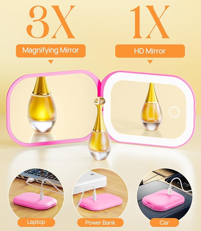 Gospire Lighted Compact Mirror with Light and Magnification 1X/3X, Stepless Dimming and Three-Color Adjustable Lights, Rechargeable Battery and Compact Size for Purse and Travel - Deep Pink