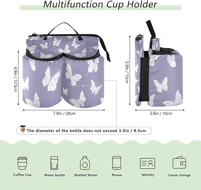 Luggage Cup Holder for Suitcases Free Hands Travel Cup Holder Portable Suitcase Cup Drink Holder Luggage Cup Caddy Bag Carrier White Butterfly
