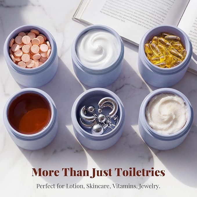 New Travel Toiletry Containers [Ultra Leakproof] TSA-Approved, PLA Hard Shell Jars with 5 Magnetic Labels, Wide Mouth Bottles for Lotion, Cleanser, Shampoo, Conditioner, Blue, 3 Pack, 2OZ