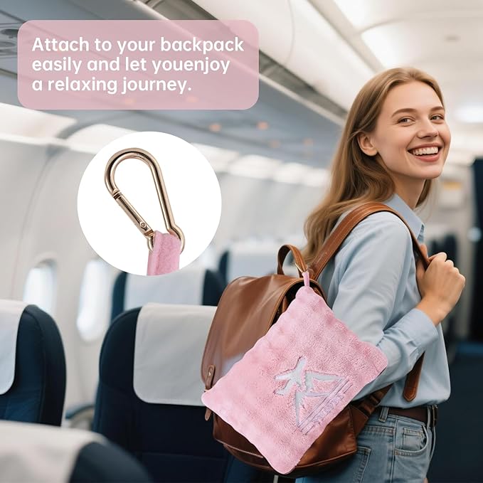 Travel Blanket and Pillow-2-in-1, Ultra-Soft&Compact, Airplane Blanket with Hand Luggage Belt and Backpack Clip,Travelers Accessories Gifts, 61x43 Inches(Pink
