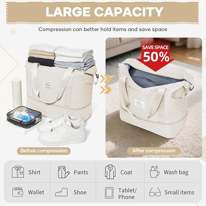 Vacuum Travel Bag with Pump, Vacuum Seal Bags for Clothing, Hospital Tote Bag for Labor and Delivery, Expandable Weekender Mommy Bags Women, Overnight Carry on Bag