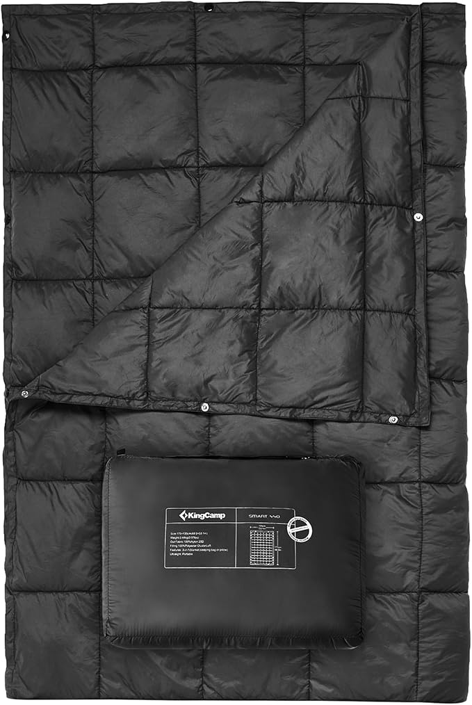 KingCamp Ultralight Camping Blanket, Packable Down Alternative Puffy Wearable Blankets Weatherproof Warm Package Quilt with Snap Buttons for Outdoor Hiking Travel Picnic Stadium (78.7" x 56.7", BLACK)
