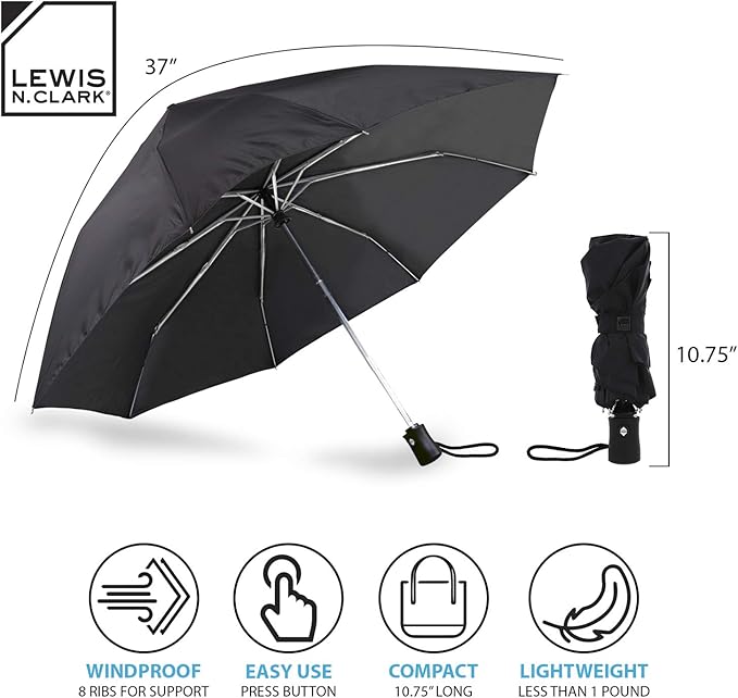 Lewis N. Clark Travel Umbrella: Windproof & Water Repellent Fabric Automatic Open Close , Black