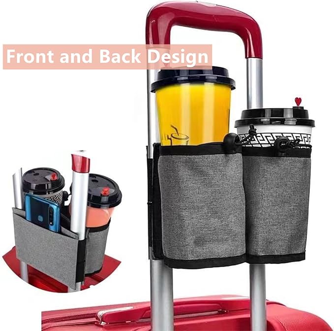 Luggage Travel Cup Holder - Hands-Free Double Coffee Carrier for Suitcases, Ideal for Flight Attendants, Business Trips, Airport Transfers & Train Journeys, Pink