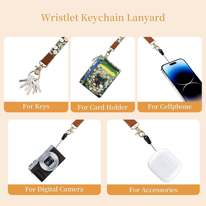 Hancynir Black Cat Floral Slim Wallet Women Credit Card Holder Small Cute RFID Blocking Front Pocket Wallet Wristlet Keychain Lanyard Card Case Thin Travel Zipper Coin PU Leather Ladies Female Gifts