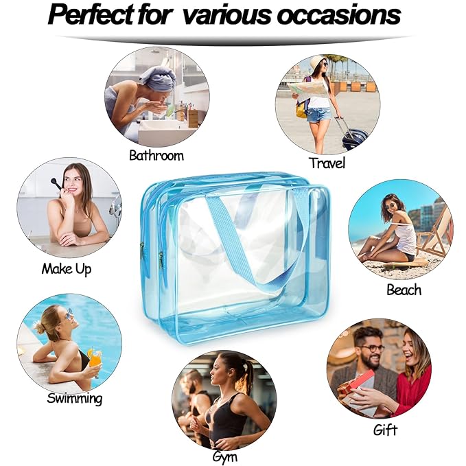 2Pcs Crystal Clear PVC Travel Toiletry Bag Kit for Women Men, Waterproof Vinyl Organizer Clear Makeup Bags with Zipper, Cosmetic Bag Pouch Carry on Airport Airline Compliant Bag Handbag (Double Layer)