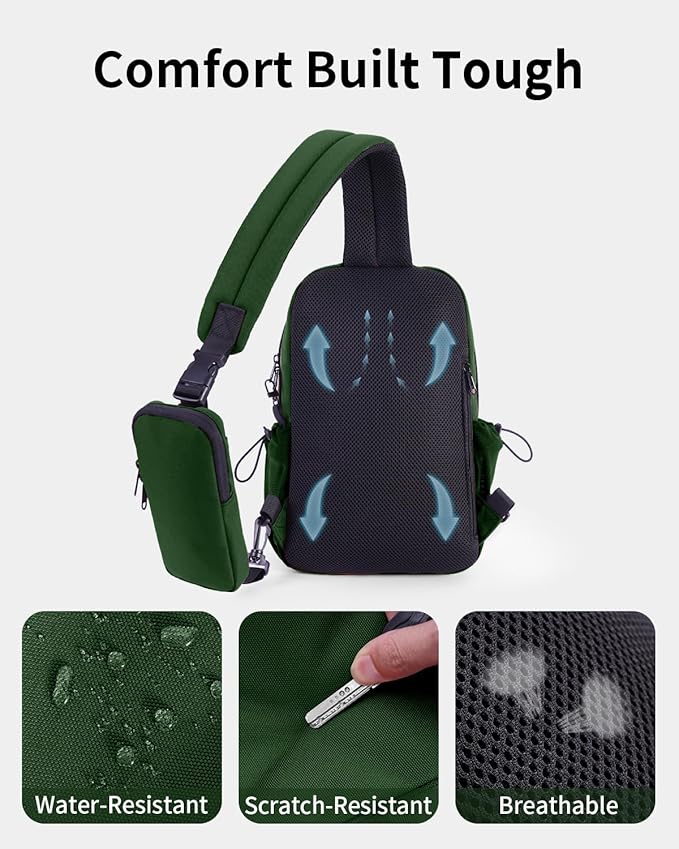 ECOHUB Anti-Theft Crossbody Bag Men Women, RFID Blocking Lightweight Sling Backpack Eco-Friendly with 9 Pockets Sturdy SBS Zippers Water Resistant for Travel Work Hiking Outdoor, Army Green