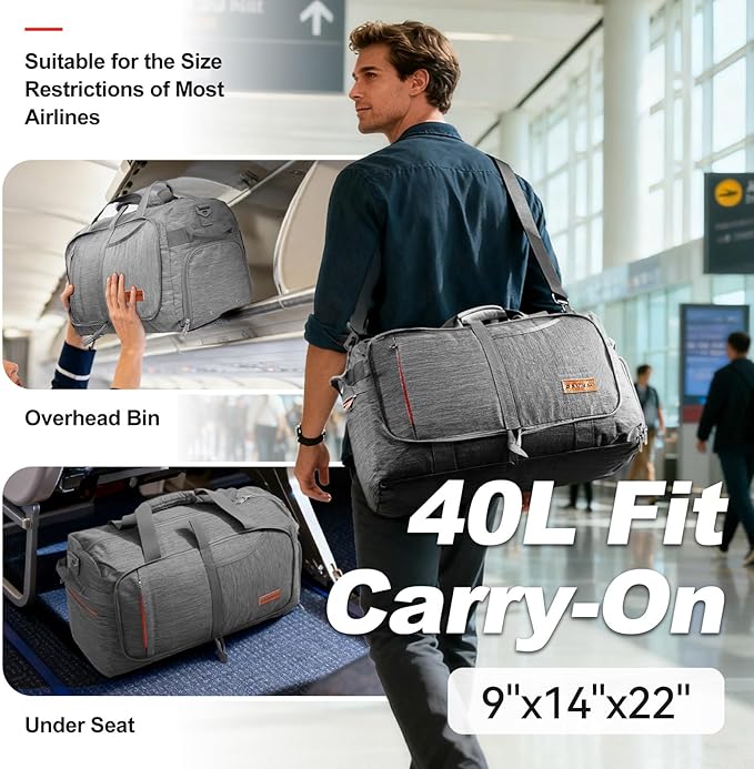 Canway 40L Foldable Duffle Bag for Travel Men & Women Carry On 22"x14"x9" Airline Approved, Small Luggage Overnight Bag with Shoe Compartment, Water-Resistant Gym & Sports Bag
