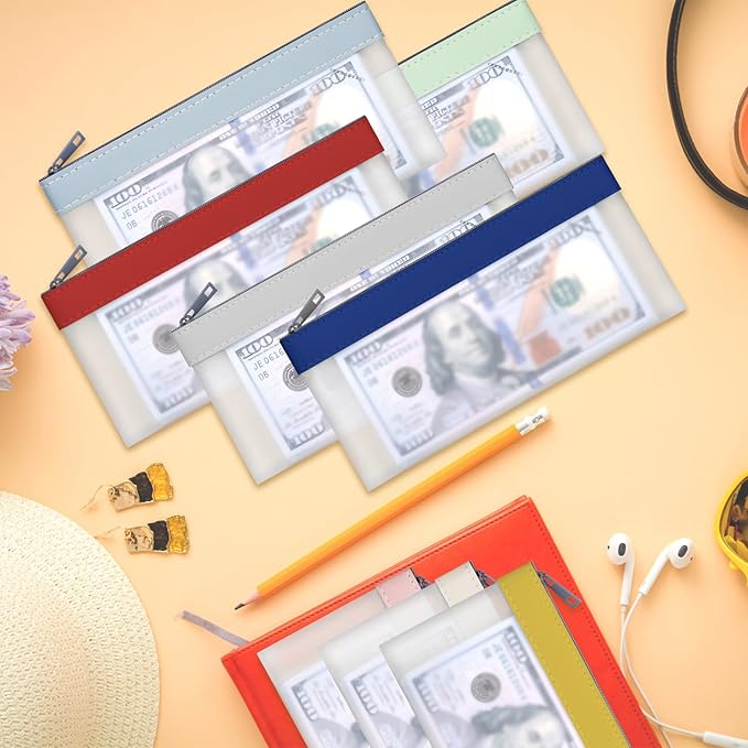 8 Pieces Money Bags With Zipper, Cash Envelopes,7.6 x 3.7 inch Money Pouch, Clear Bank Deposit Bags, Bank Bag, Cash Bag, Coin Bag for Collectors, Multi-Purpose Check Wallet （8 colours）