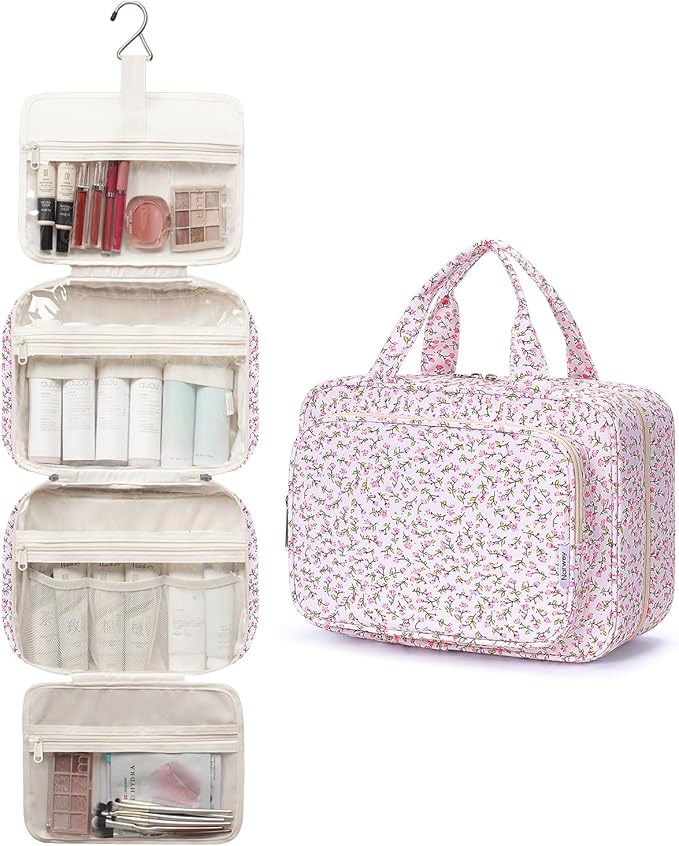 Narwey Travel Toiletry Bag for Women Large Hanging Makeup Bag Organizer Toiletries Bag for Full Size Essentials Accessories Cosmetics (Pink Flower (Large))
