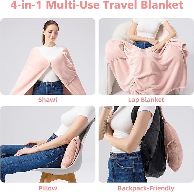Travel Blanket with Carry Bag, Lightweight Wearable Airplane Blanket, Soft Packable Throw for Travel & Office Blush Pink