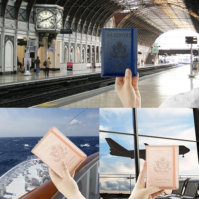 Passport Holder for Travel, 2 Pack Passport Cover, Waterproof Passport Wallet Leather Passport Holder Pen Holder Passport Holders for Women Men Family Travel Must Haves Essentials, Navy Blue+Rose Gold