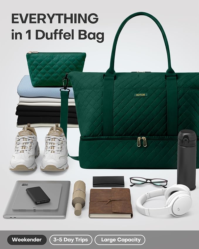 HOTOR Travel Duffel Bag - Weekender Bags for Women, Gym Tote Bags with Shoe Compartment, Carry On Overnight Bag with Toiletry Bag for Travel Essentials Travel Accessories, Dark Green, 15.8"×18.1"×8.7"