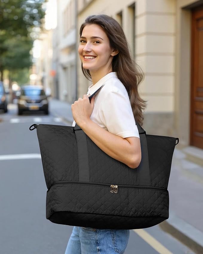 HOTOR Travel Duffel Bag - Weekender Bags for Women, Gym Tote Bags with Shoe Compartment, Carry On Overnight Bag with Toiletry Bag for Travel Essentials and Travel Accessories, Black, 15.8"×18.1"×8.7"
