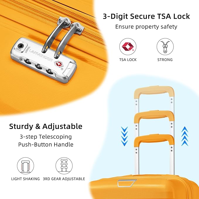 LARVENDER Luggage Sets 3 Piece, Hardside PP Carry On Suitcase with 360° Spinner Wheels TSA Lock Luggage Sets for Women, Yellow