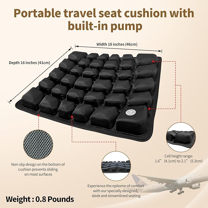 Air Inflatable Travel Seat Cushion with Built-in Pump & Carry Bag– Portable & Adjustable for Airplane, Car, Office – Coccyx, Sciatica & Tailbone Pain Relief (Black)