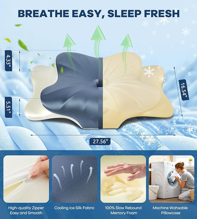 DONAMA Cervical Pillow for Neck and Shoulder Pain Relief, Cooling Contour Memory Foam Pillow, Dual-Height Ergonomic Neck Support Pillow for Side Back Stomach Sleepers with Removable Pillowcase