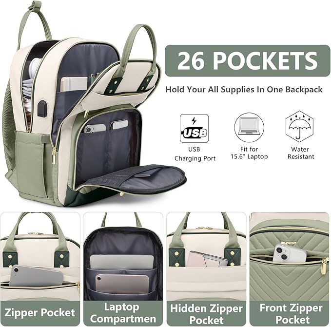 Laptop Backpack for Women Work Bag - Fits 17.3 Inch Laptop Bag Travel Work Backpack Anti-theft Bags with USB Charging Business Computer Waterproof Backpack Purse for Nurse Teacher Beige Light Green