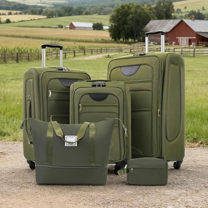 Luggage Sets Softside Expandable 3 Piece Set Lightweight Suitcase with Duffel Bag Upright Spinner Softshell, TSA Lock Carry On for Business for Family Travel (Army Green, 22"/26"/30")