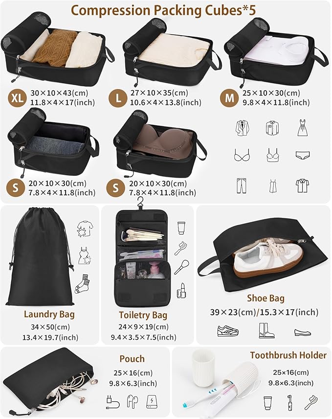 Compression Packing Cubes 10 Sets, Packing Organizers, Extensible Suitcase Organiser Bags, Travel Organizer Cubes for Travel Essentials Black