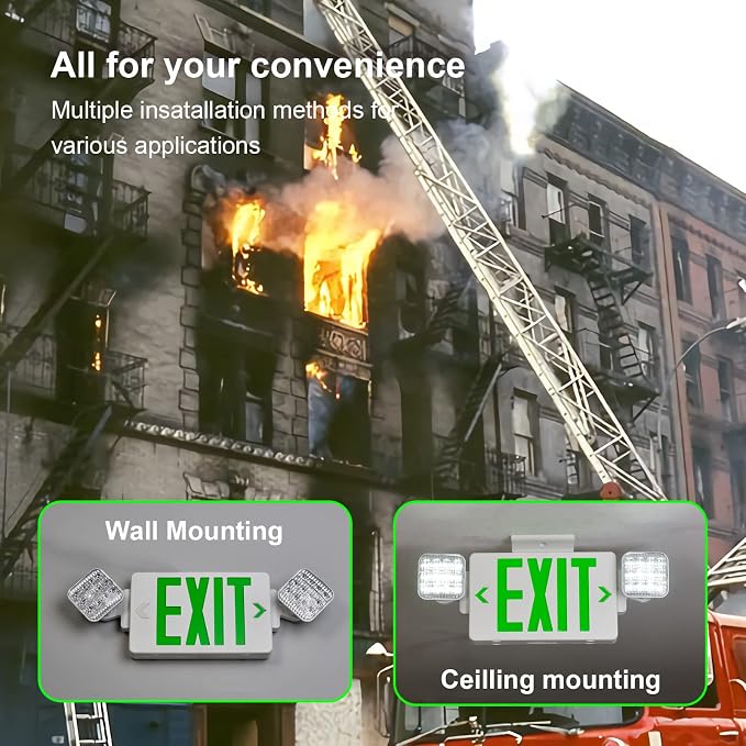 TANLUX Green Exit Sign with Emergency Lights, LED Exit Light - Battery Backup, UL Listed, AC 120/277V - Commercial Emergency Light Combo