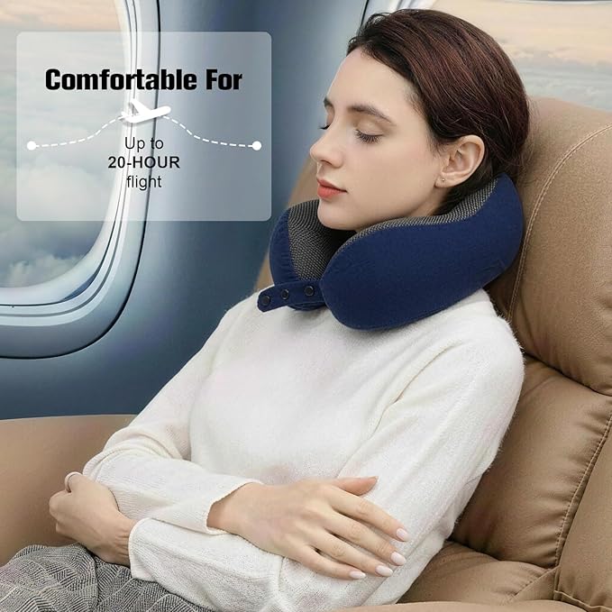 Neck Pillow for Traveling, Travel Pillows for Airplanes,100% Pure Memory Foam Travel Neck Pillow, Adjustable Flight Pillow, Portable Plane Accessories with Eye Mask, Earplugs, Carry Bag