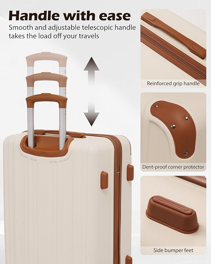 Coolife Luggage Sets, 5 Piece Durable Suitcase, Lightweight Carry on Luggage with ABS Hardshell, Dual Spinner Wheels, TSA Lock and YKK Zipper (apricot black, 5 piece set)