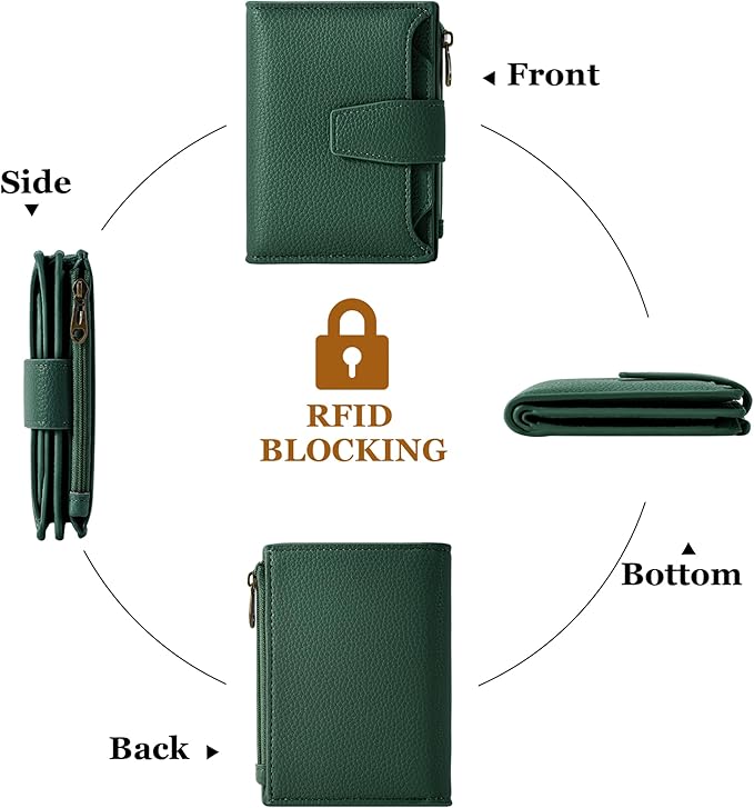 Airkit Small Wallet Women RFID Blocking Soft Leather Bifold Compact Card Holder Wallet for Women with Zipper Coin Pocket 4 ID Window