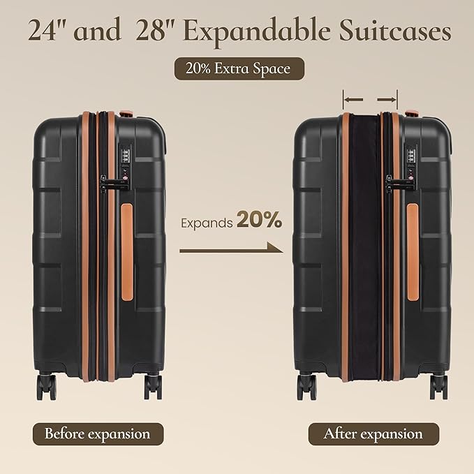Luggage Sets 3 Piece with Spinner Wheel, Hardside Suitcase Set with TSA Lock, Expandable Lightweight Travel Luggage for Men and Women, Black