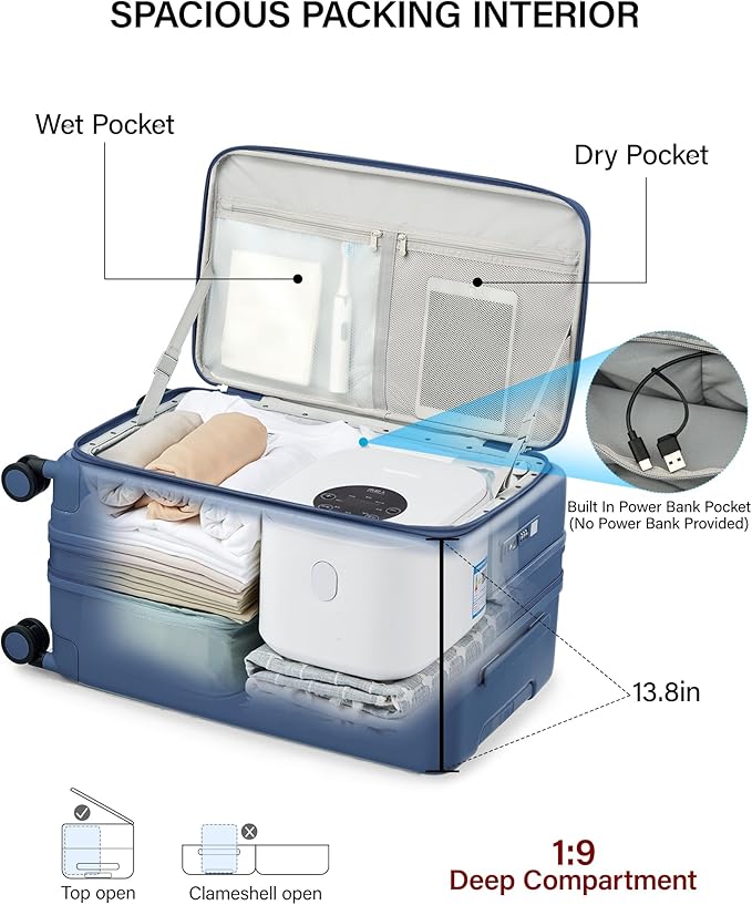 Hanke 24 Inch Expandable Checked Luggage with Cup Holder and Charger Port,Top Opening Hard Shell Suitcases with Wheels, Medium Travel Rolling Suitcase Trunk Luggage with Lock, Interstellar Blue