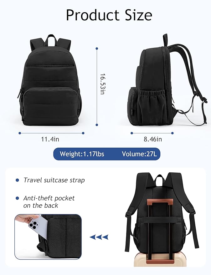 Travel Backpack for Women, 15.6 Inch Laptop Backpack, Quilted College Bookbag, Cute Work Backpacks, Water Resistant