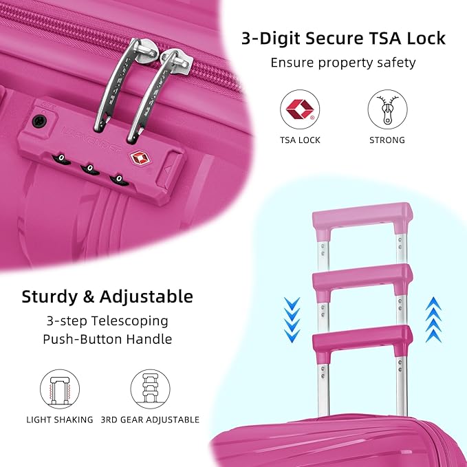 LARVENDER Carry On Luggage 22x14x9 Airline Approved, 20 Inch Hardshell & Lightweight PP Carry On Suitcase for Women with Spinner Wheels TSA Lock, Magenta