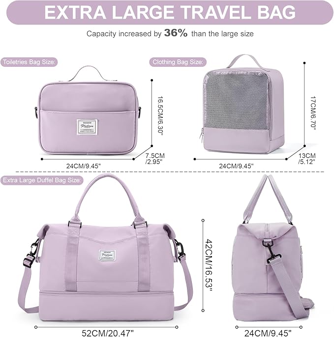 Weekender Bags for Women,Travel Duffle Overnight Bag with Shoe Compartment,Personal Item Carry On Bag,Purple,Extra Large,3 Pcs Set